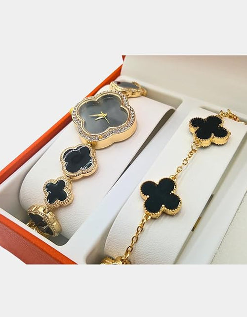 Load image into Gallery viewer, 5 piece 4 leaf clover jewelry set with watch, bracelet, earrings, ring, necklace, with jewelry box
