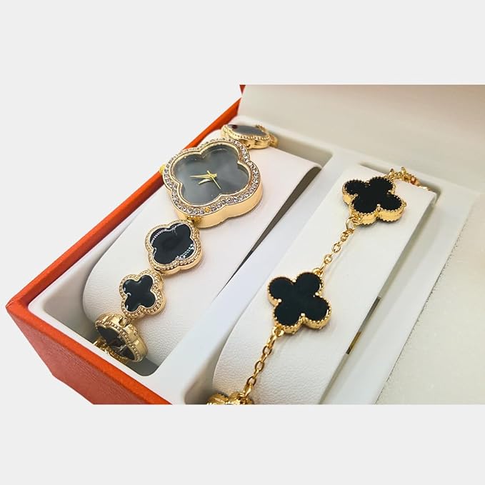 5 piece 4 leaf clover jewelry set with watch, bracelet, earrings, ring, necklace, with jewelry box