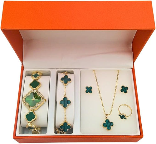 Load image into Gallery viewer, 5 piece 4 leaf clover jewelry set with watch, bracelet, earrings, ring, necklace, with jewelry box
