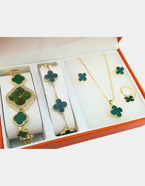 Load image into Gallery viewer, 5 piece 4 leaf clover jewelry set with watch, bracelet, earrings, ring, necklace, with jewelry box
