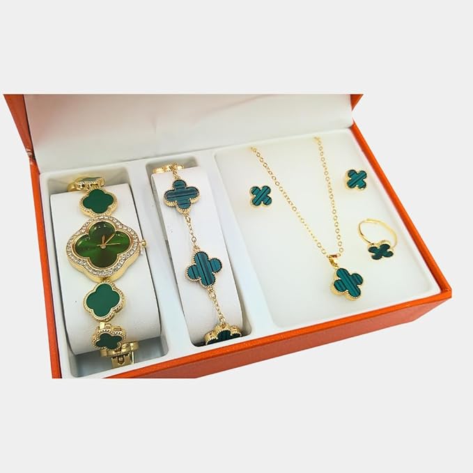 5 piece 4 leaf clover jewelry set with watch, bracelet, earrings, ring, necklace, with jewelry box