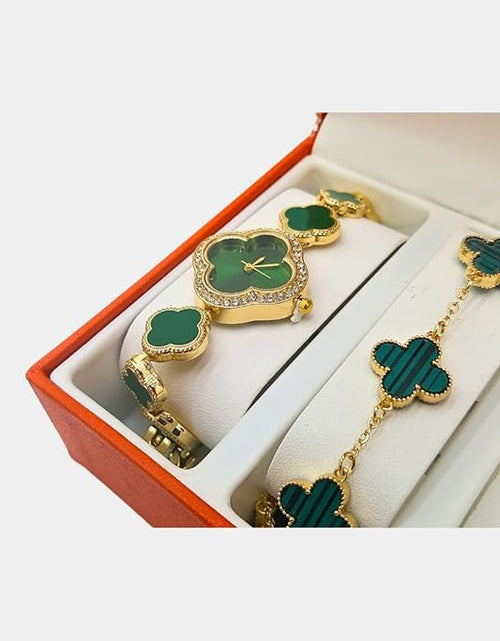 Load image into Gallery viewer, 5 piece 4 leaf clover jewelry set with watch, bracelet, earrings, ring, necklace, with jewelry box
