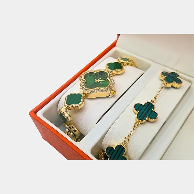 5 piece 4 leaf clover jewelry set with watch, bracelet, earrings, ring, necklace, with jewelry box