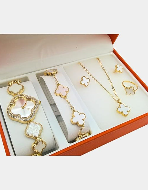 Load image into Gallery viewer, 5 piece 4 leaf clover jewelry set with watch, bracelet, earrings, ring, necklace, with jewelry box
