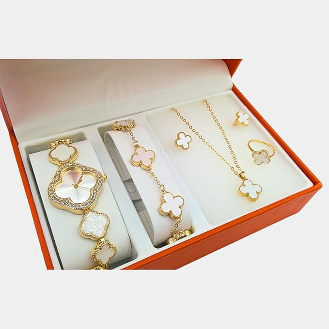 5 piece 4 leaf clover jewelry set with watch, bracelet, earrings, ring, necklace, with jewelry box