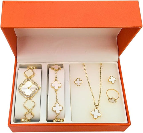 Load image into Gallery viewer, 5 piece 4 leaf clover jewelry set with watch, bracelet, earrings, ring, necklace, with jewelry box
