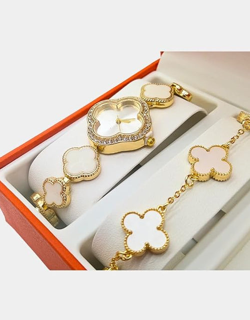 Load image into Gallery viewer, 5 piece 4 leaf clover jewelry set with watch, bracelet, earrings, ring, necklace, with jewelry box
