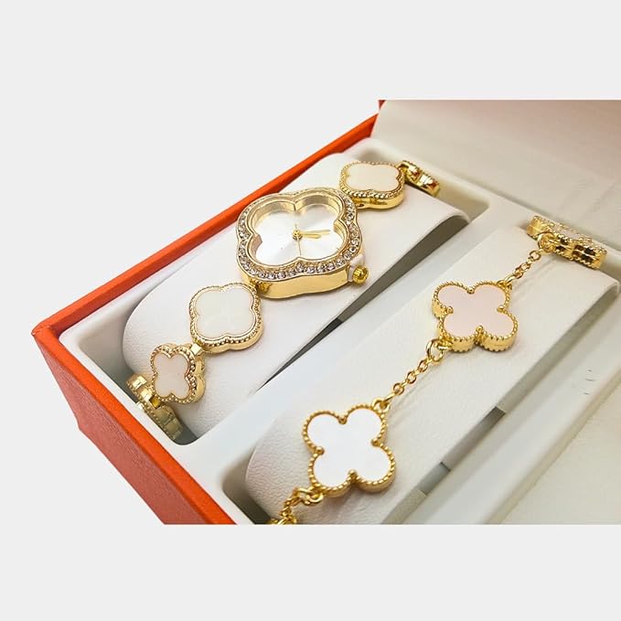 5 piece 4 leaf clover jewelry set with watch, bracelet, earrings, ring, necklace, with jewelry box