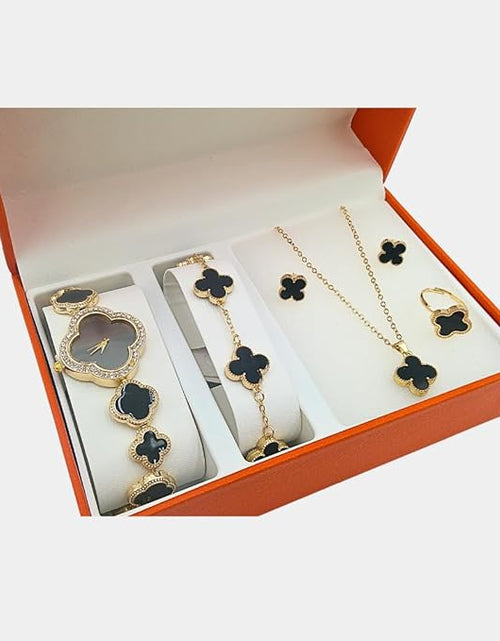 Load image into Gallery viewer, 5 piece 4 leaf clover jewelry set with watch, bracelet, earrings, ring, necklace, with jewelry box
