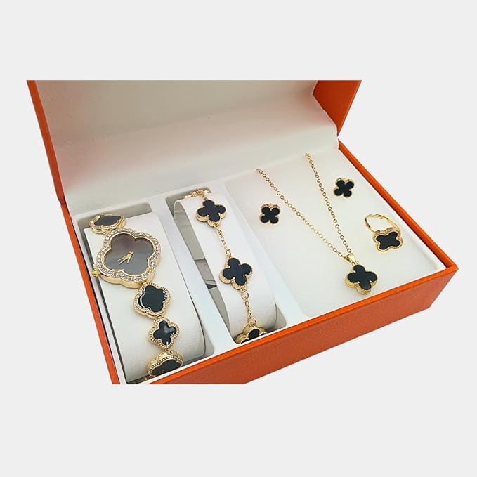 5 piece 4 leaf clover jewelry set with watch, bracelet, earrings, ring, necklace, with jewelry box