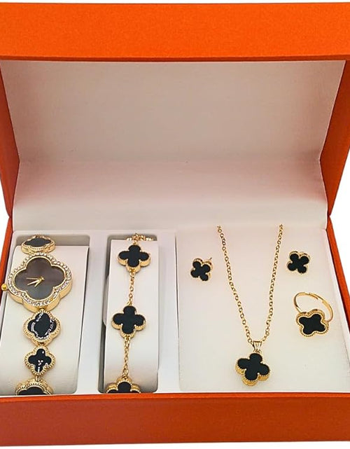 Load image into Gallery viewer, 5 piece 4 leaf clover jewelry set with watch, bracelet, earrings, ring, necklace, with jewelry box
