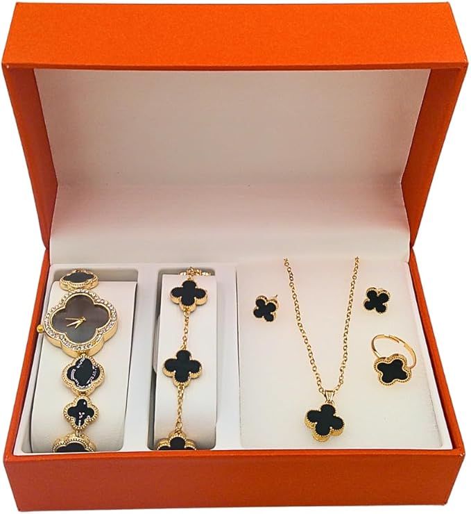 5 piece 4 leaf clover jewelry set with watch, bracelet, earrings, ring, necklace, with jewelry box