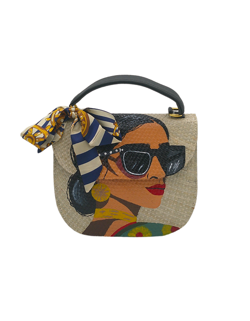 Load image into Gallery viewer, Hand-Painted Stylish Woman Portrait Crossbody Bag – Woven Straw Bag with Chic Scarf Accent
