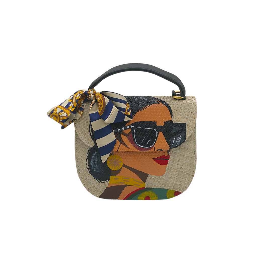 Hand-Painted Stylish Woman Portrait Crossbody Bag – Woven Straw Bag with Chic Scarf Accent