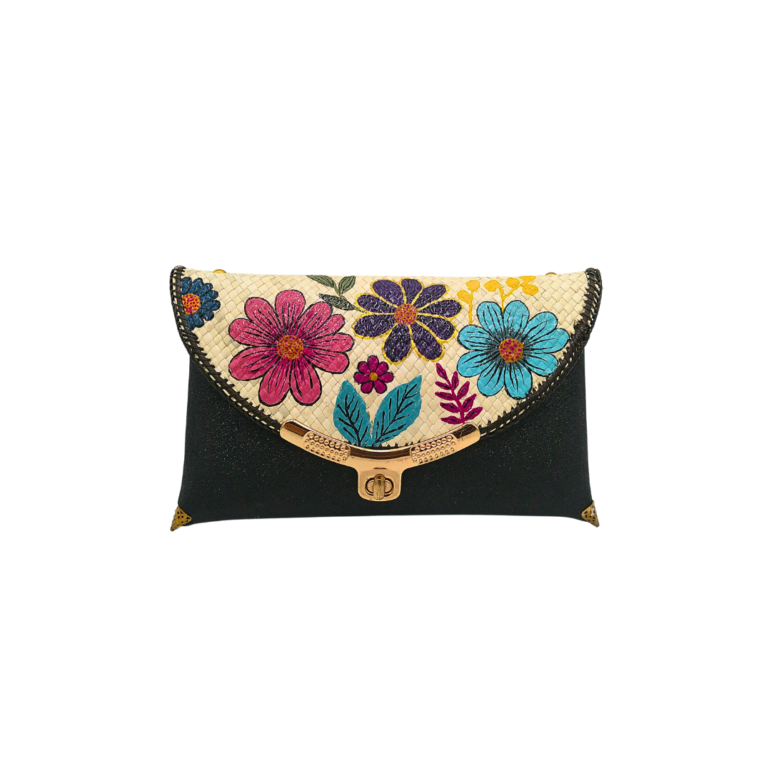 Elegant Handwoven Pandan Clutch with Floral Design - Eco-Friendly Evening Purse