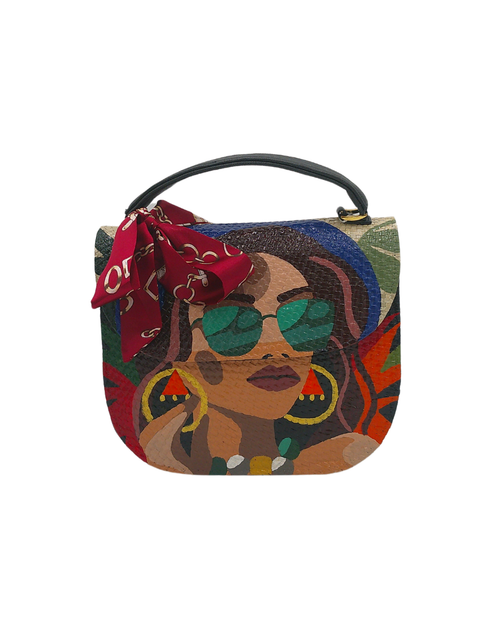 Load image into Gallery viewer, Hand-Painted Stylish Woman Portrait Crossbody Bag – Woven Straw Bag with Chic Scarf Accent
