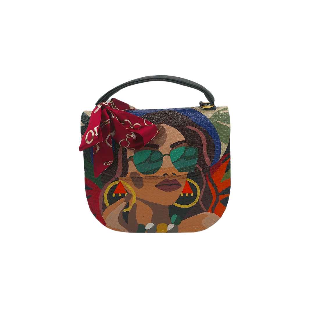 Hand-Painted Stylish Woman Portrait Crossbody Bag – Woven Straw Bag with Chic Scarf Accent