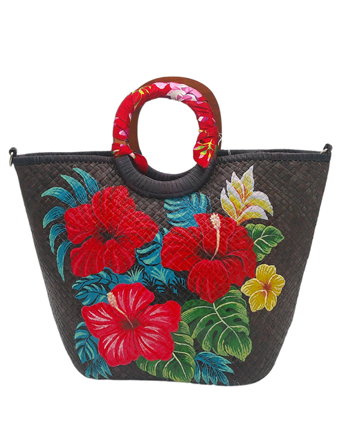 Load image into Gallery viewer, Handmade Woven Straw Tote Bag with Vibrant Floral Art – Unique Summer Beach Bag with Wooden Handles
