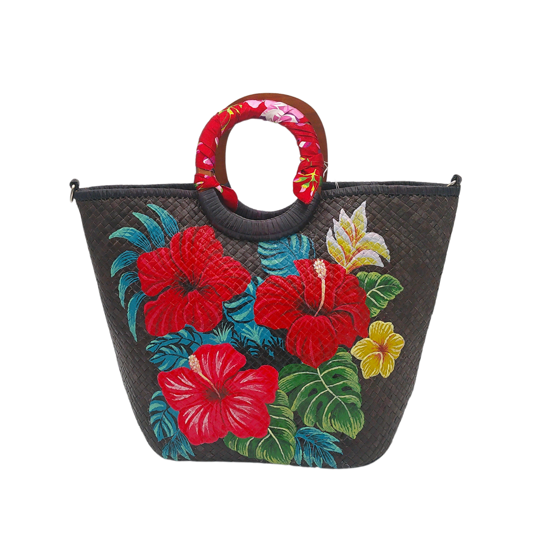 Handmade Woven Straw Tote Bag with Vibrant Floral Art – Unique Summer Beach Bag with Wooden Handles