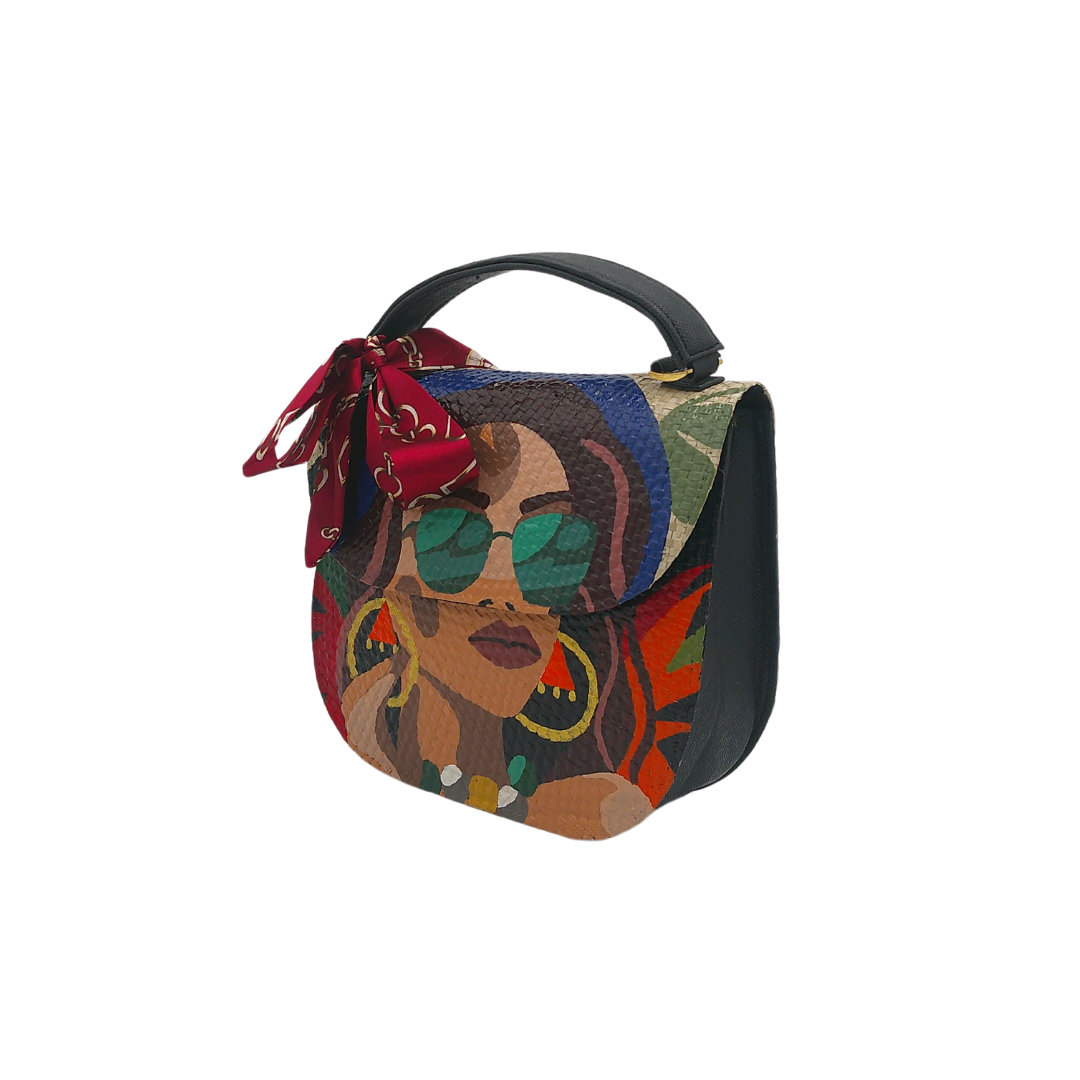 Hand-Painted Stylish Woman Portrait Crossbody Bag – Woven Straw Bag with Chic Scarf Accent