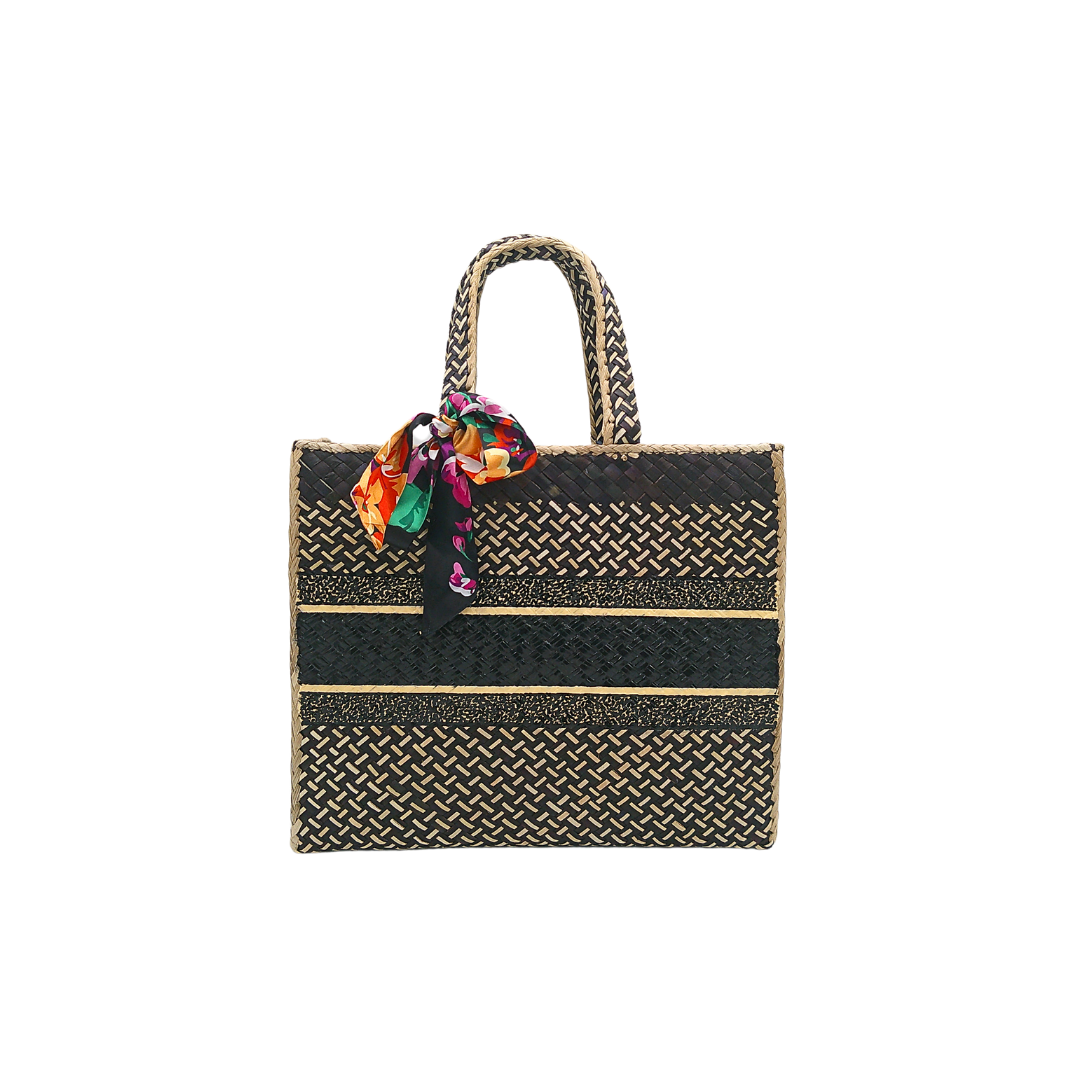 Elegant Handwoven Pandan Handbag with Scarf Accent - Eco-Friendly and Stylish