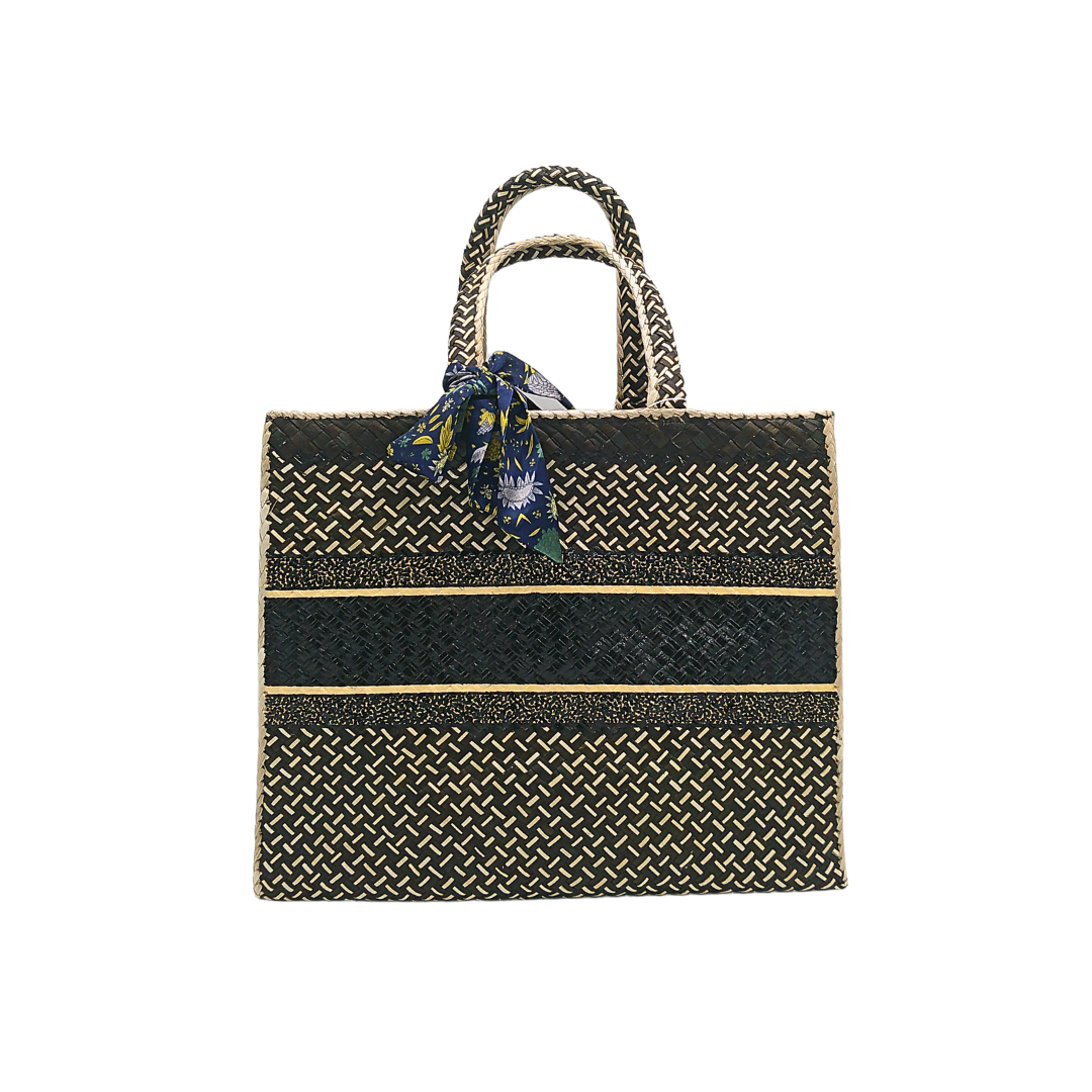 Elegant Handwoven Pandan Handbag with Scarf Accent - Eco-Friendly and Stylish