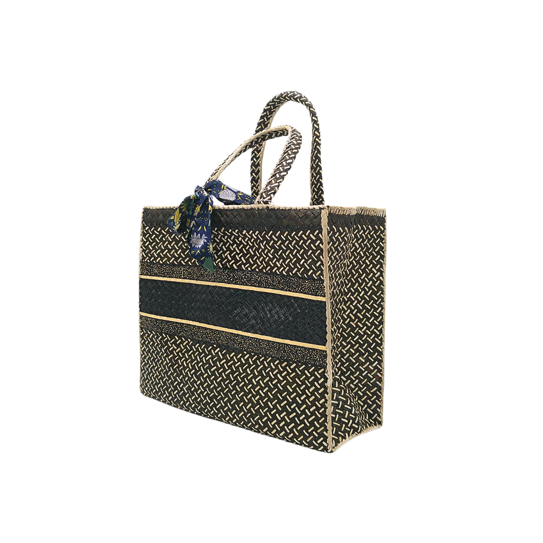 Elegant Handwoven Pandan Handbag with Scarf Accent - Eco-Friendly and Stylish