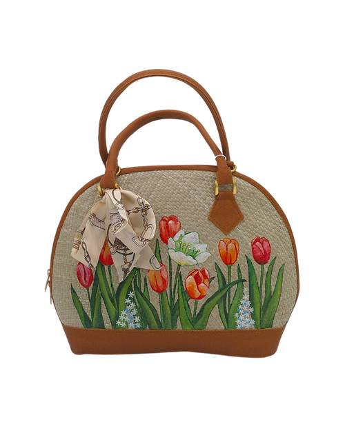 Load image into Gallery viewer, Hand-Painted Floral Woven Straw Handbag – Unique Dome-Shaped Tote with Braided Handles &amp; Scarf Accent
