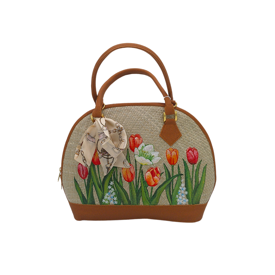 Hand-Painted Floral Woven Straw Handbag – Unique Dome-Shaped Tote with Braided Handles & Scarf Accent