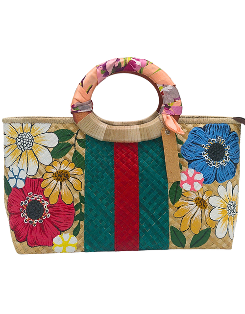 Load image into Gallery viewer, Handwoven Pandan Handbag with Wooden Handle - Gucci Inspired Floral Design - Eco-Friendly and Stylish
