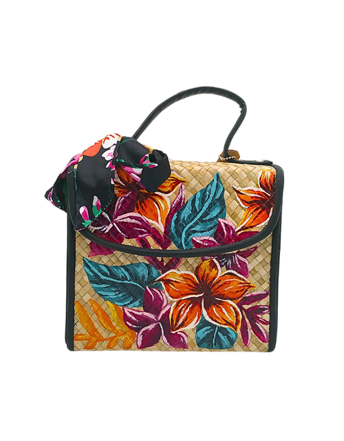 Load image into Gallery viewer, Handwoven Pandan Bag with Vibrant Floral Design and Scarf Accent - Eco-Friendly and Stylish
