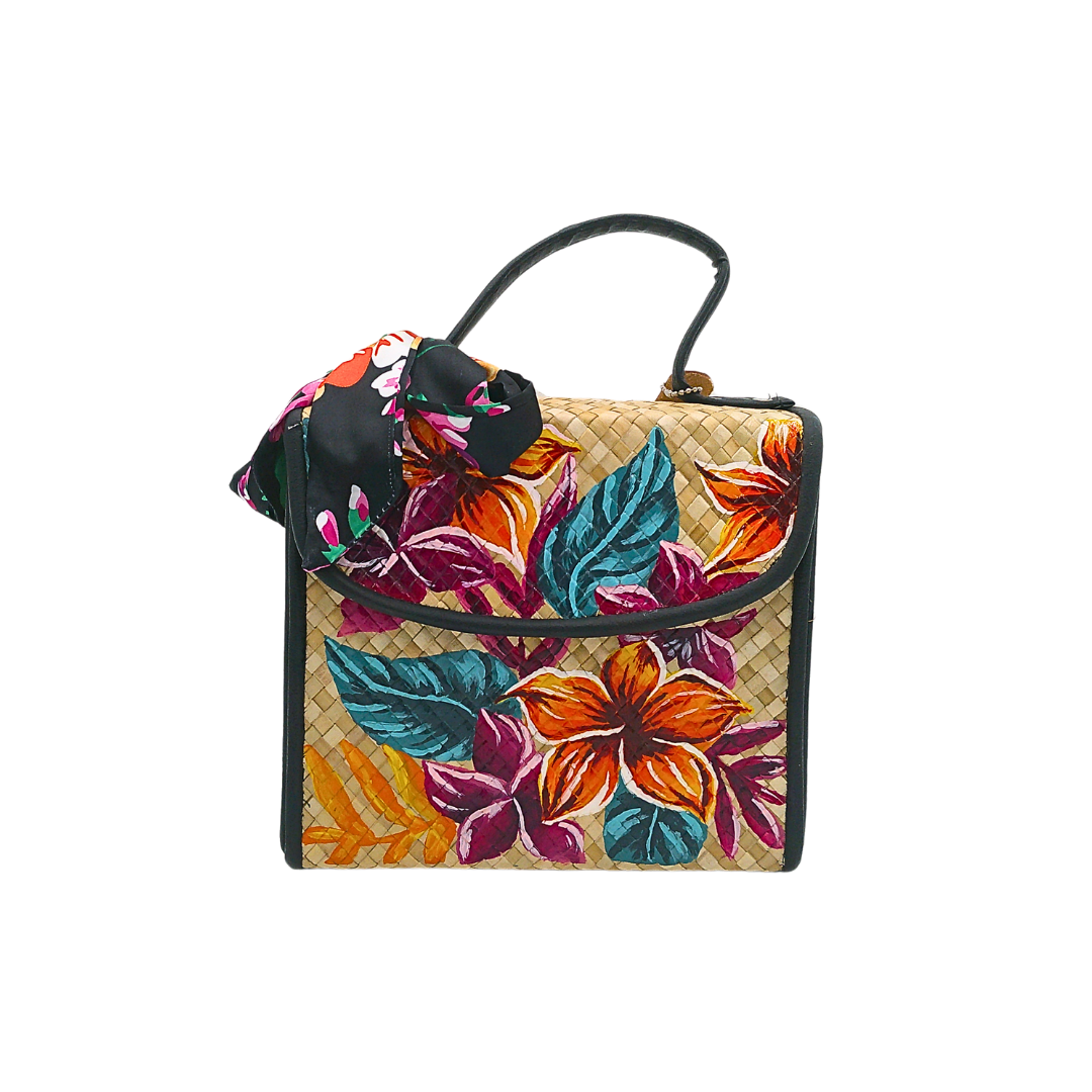 Handwoven Pandan Bag with Vibrant Floral Design and Scarf Accent - Eco-Friendly and Stylish