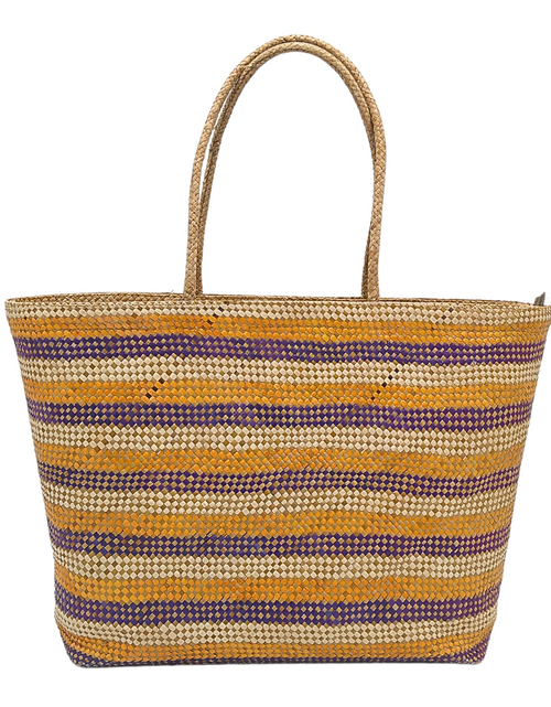 Load image into Gallery viewer, Striped Handwoven Buri Bag with Purple and Yellow Pattern | Eco-Friendly Straw Tote
