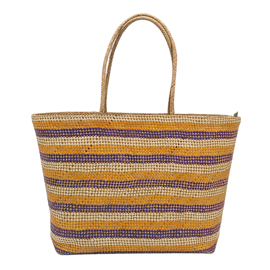 Striped Handwoven Buri Bag with Purple and Yellow Pattern | Eco-Friendly Straw Tote