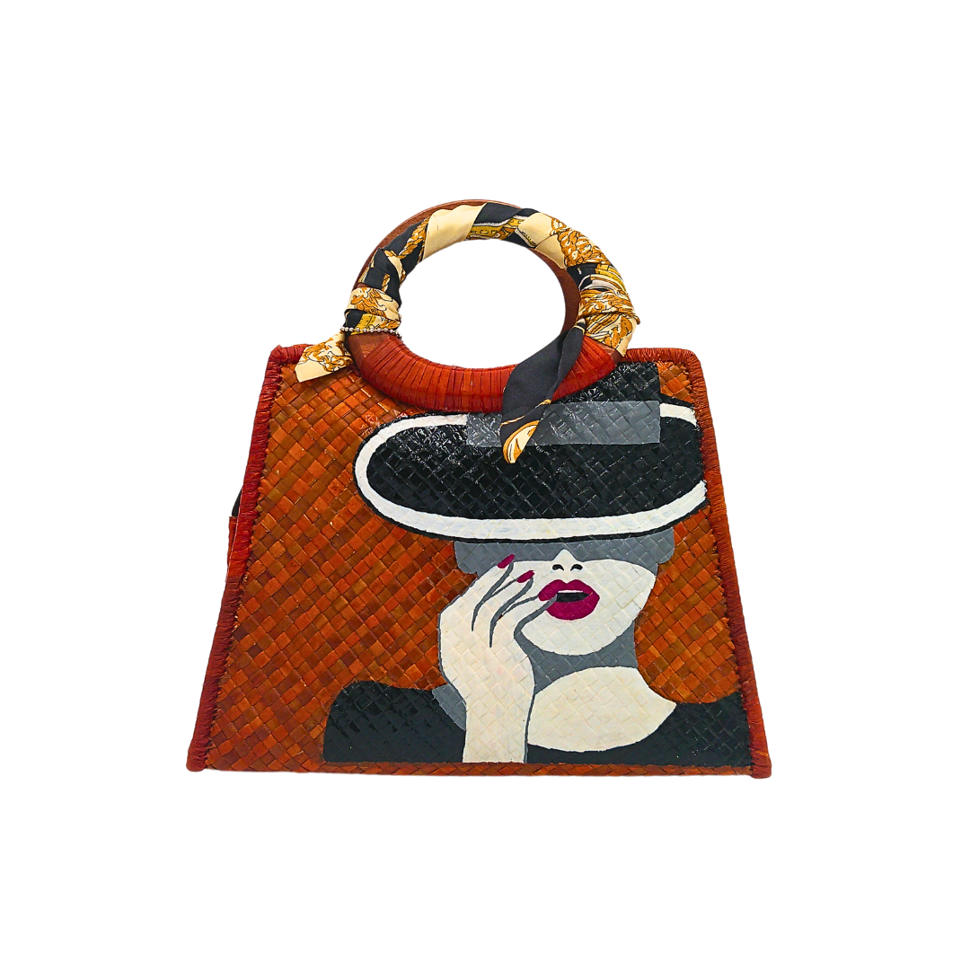 Handwoven Pandan Handbag/Crossbody with Pop Art Design and Scarf Accent - Eco-Friendly and Stylish