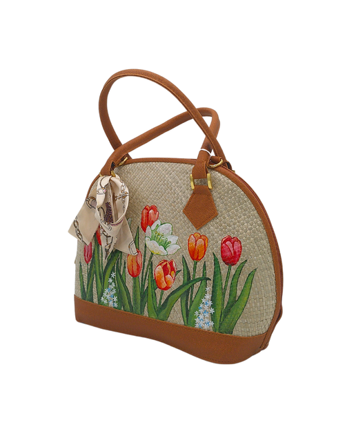 Load image into Gallery viewer, Hand-Painted Floral Woven Straw Handbag – Unique Dome-Shaped Tote with Braided Handles &amp; Scarf Accent
