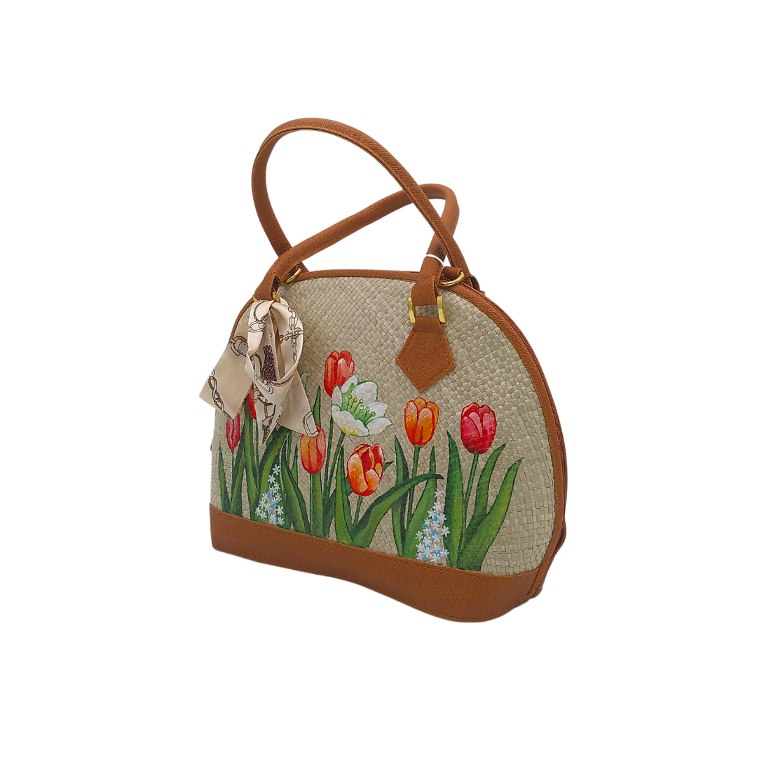 Hand-Painted Floral Woven Straw Handbag – Unique Dome-Shaped Tote with Braided Handles & Scarf Accent