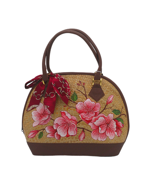 Load image into Gallery viewer, Hand-Painted Floral Woven Straw Handbag – Unique Dome-Shaped Tote with Braided Handles &amp; Scarf Accent
