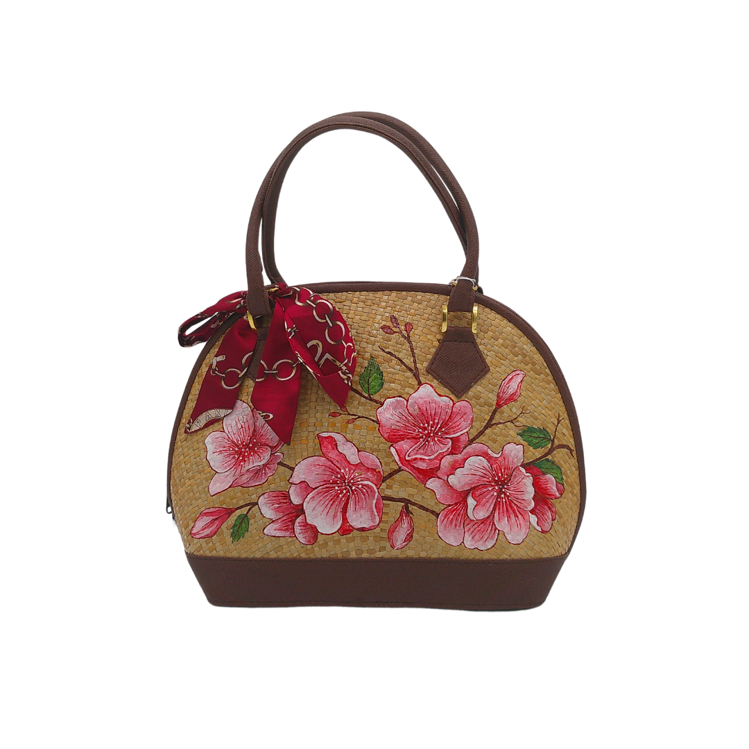 Hand-Painted Floral Woven Straw Handbag – Unique Dome-Shaped Tote with Braided Handles & Scarf Accent