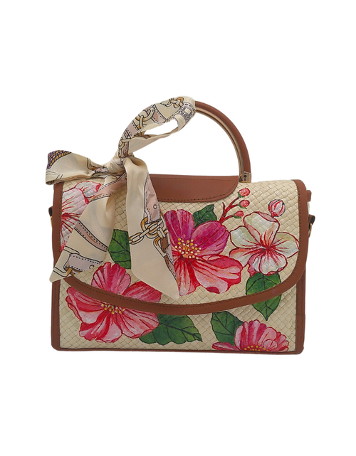 Load image into Gallery viewer, Hand-Painted Floral Woven Straw Handbag – Elegant Tote with Sunflower &amp; Hibiscus Art and Silk Scarf Accent
