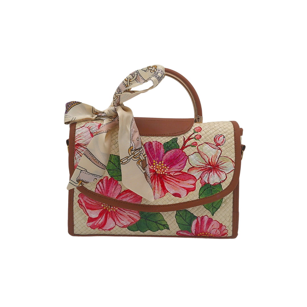 Hand-Painted Floral Woven Straw Handbag – Elegant Tote with Sunflower & Hibiscus Art and Silk Scarf Accent