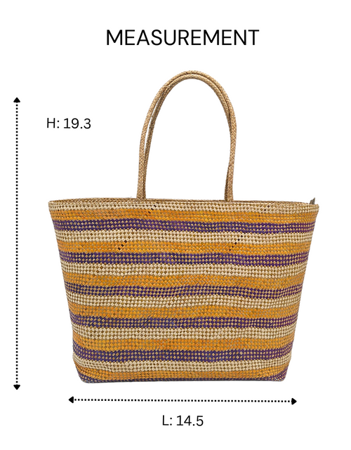 Load image into Gallery viewer, Striped Handwoven Buri Bag with Purple and Yellow Pattern | Eco-Friendly Straw Tote
