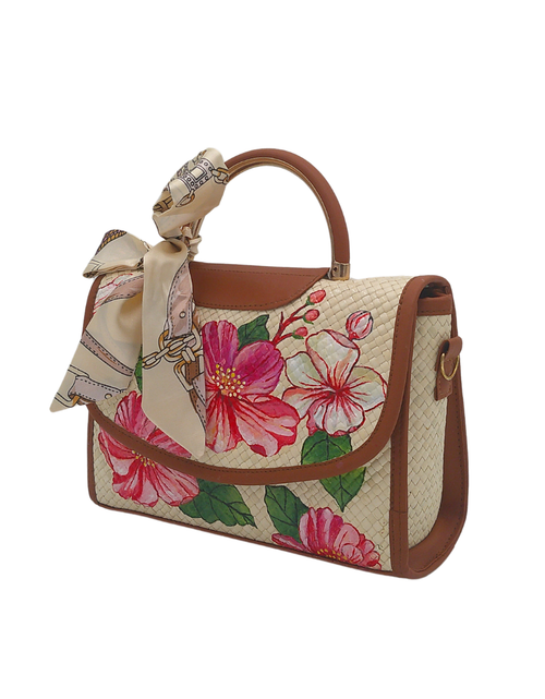 Load image into Gallery viewer, Hand-Painted Floral Woven Straw Handbag – Elegant Tote with Sunflower &amp; Hibiscus Art and Silk Scarf Accent
