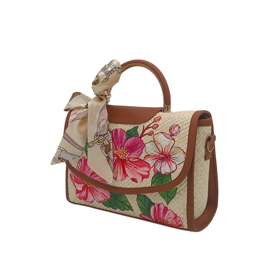 Hand-Painted Floral Woven Straw Handbag – Elegant Tote with Sunflower & Hibiscus Art and Silk Scarf Accent