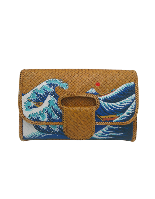 Load image into Gallery viewer, Hand-Painted Wave Design Woven Straw Clutch – Artistic Eco-Friendly Clutch Bag Inspired by The Great Wave
