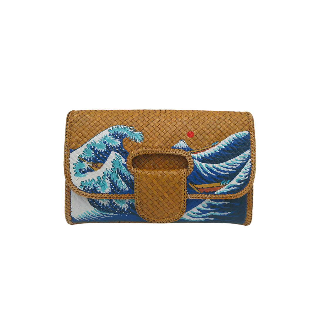 Hand-Painted Wave Design Woven Straw Clutch – Artistic Eco-Friendly Clutch Bag Inspired by The Great Wave