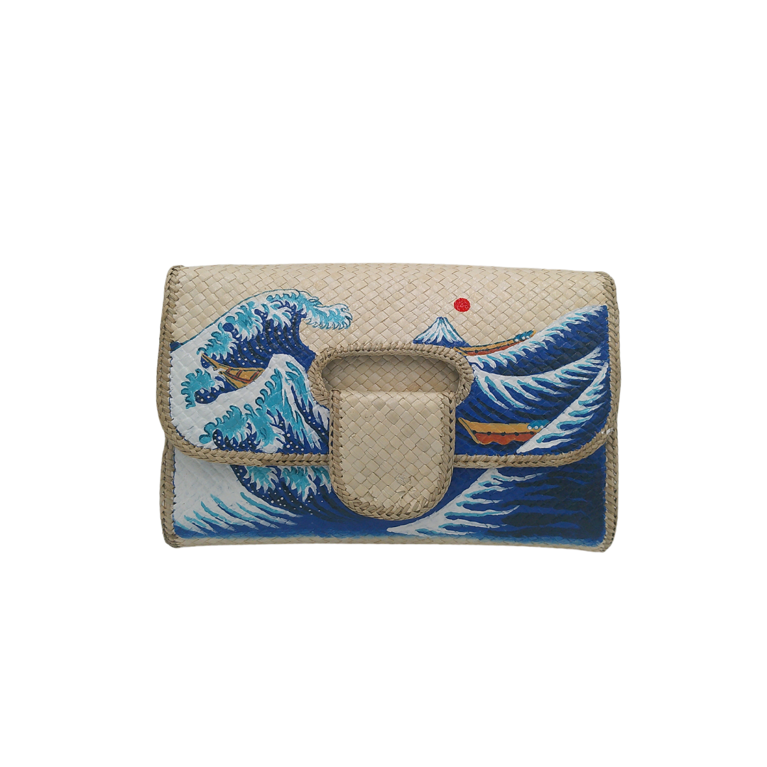 Hand-Painted Wave Design Woven Straw Clutch – Artistic Eco-Friendly Clutch Bag Inspired by The Great Wave