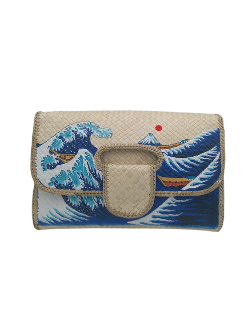 Load image into Gallery viewer, Hand-Painted Wave Design Woven Straw Clutch – Artistic Eco-Friendly Clutch Bag Inspired by The Great Wave
