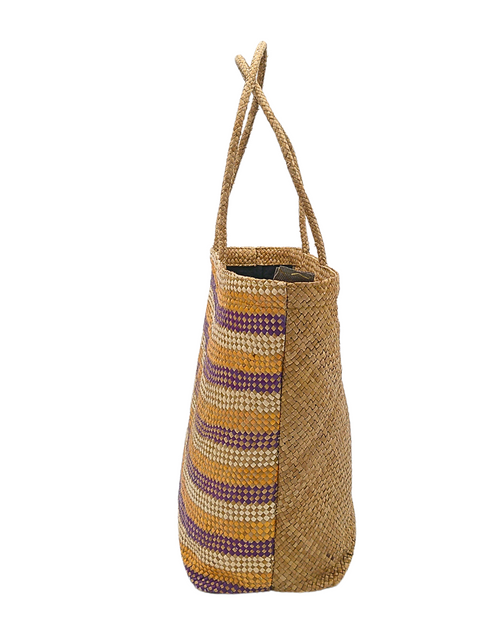 Load image into Gallery viewer, Striped Handwoven Buri Bag with Purple and Yellow Pattern | Eco-Friendly Straw Tote
