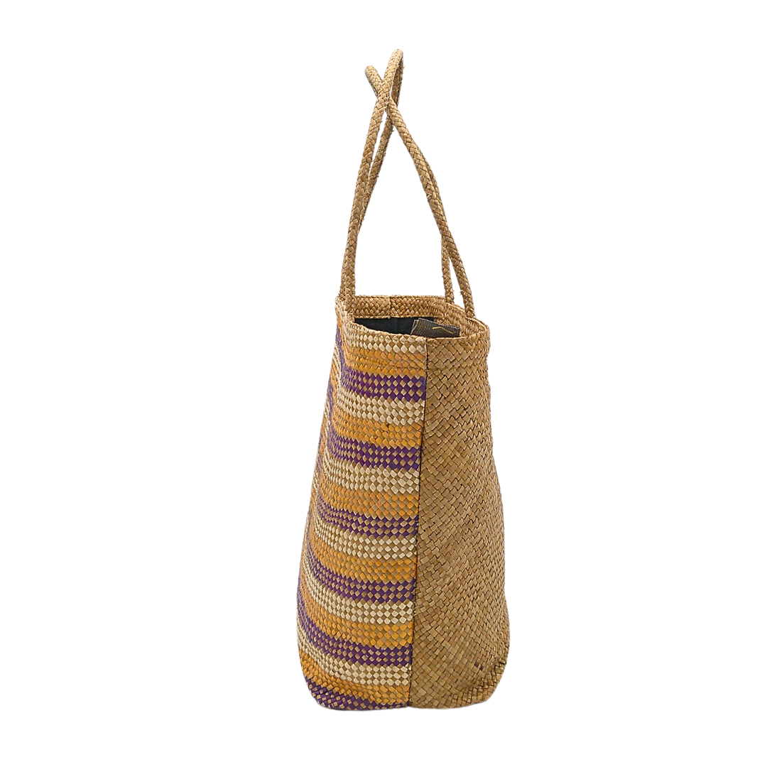 Striped Handwoven Buri Bag with Purple and Yellow Pattern | Eco-Friendly Straw Tote